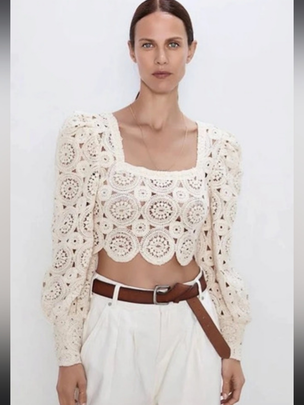 Zara Crochet Scoop Neck Crop Sweater Cream Size Medium